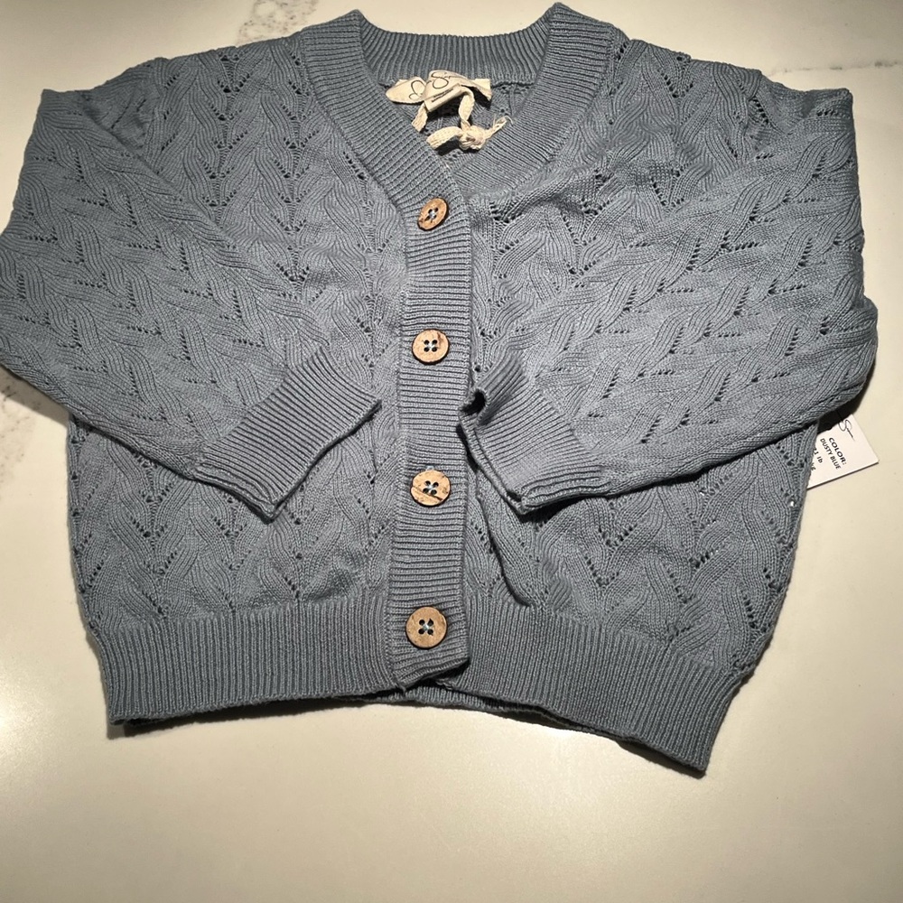 NWT dusty blue baby girl sweater. Cotton cardigan with buttons. Size 6-9 months.